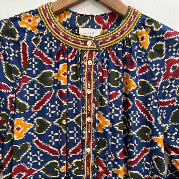 Sezane Robe Glorina Midi Dress in Candy Multicolor Ikat Print Embroidered Trim - Picture 11 of 16